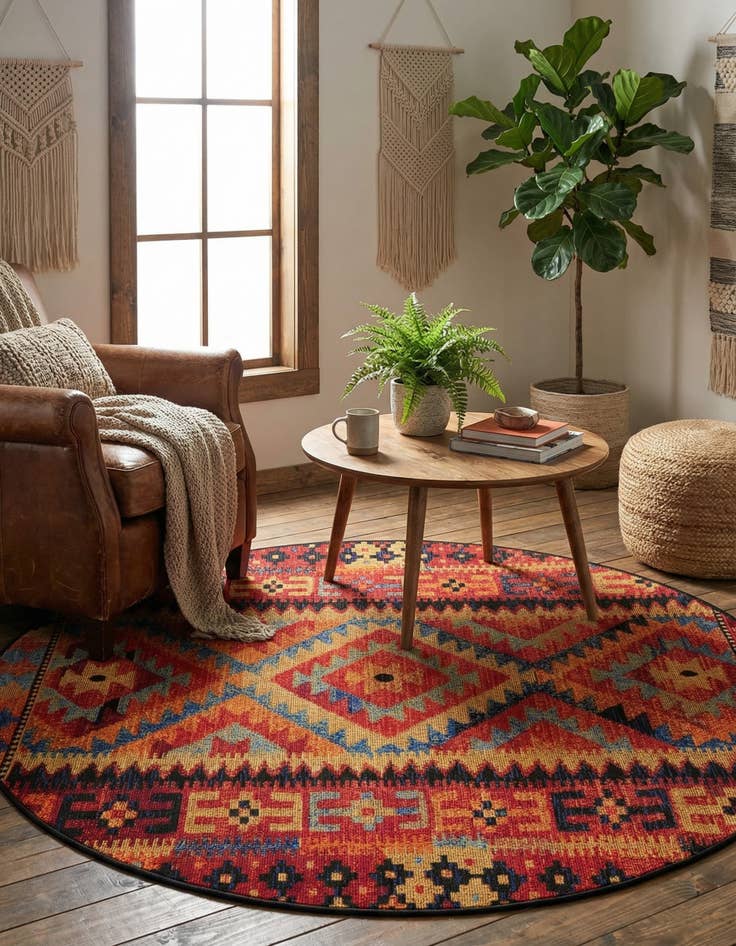 Detail image of 4' x 4' Easy-Clean Tribal Indoor / Outdoor Round Rug
