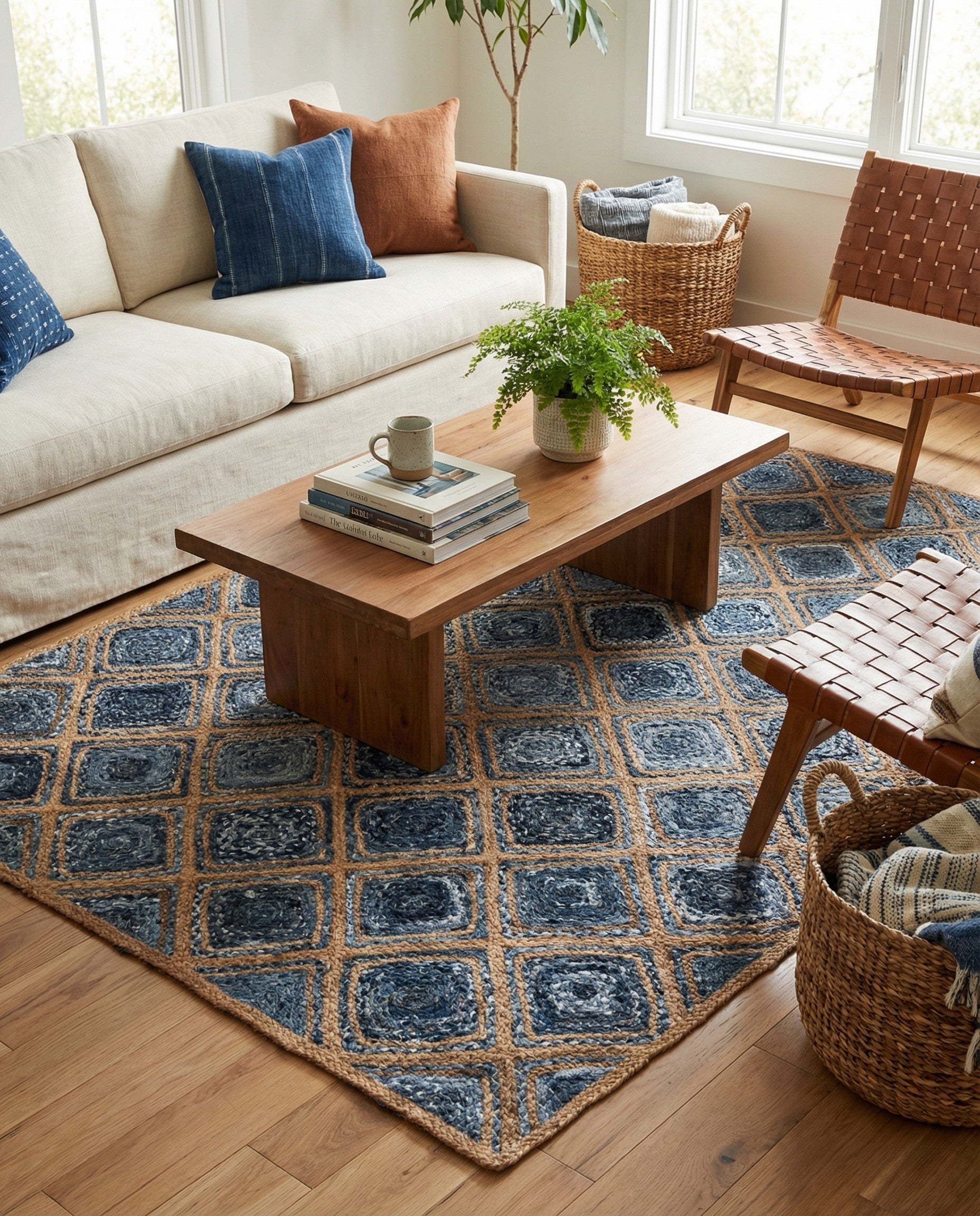 A 6x9 rectangular Braided Jute rug featuring a trellis pattern of blue denim squares framed by natural jute braids.