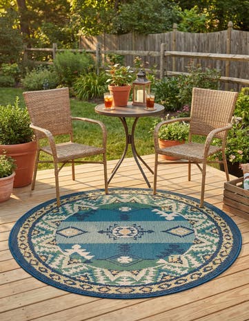 Blue and Green Easy-Clean Baja Indoor / Outdoor Round Rug