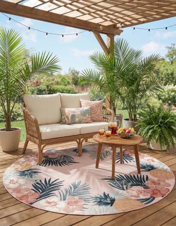 Pink Easy-Clean Botanical Indoor / Outdoor Round Rug