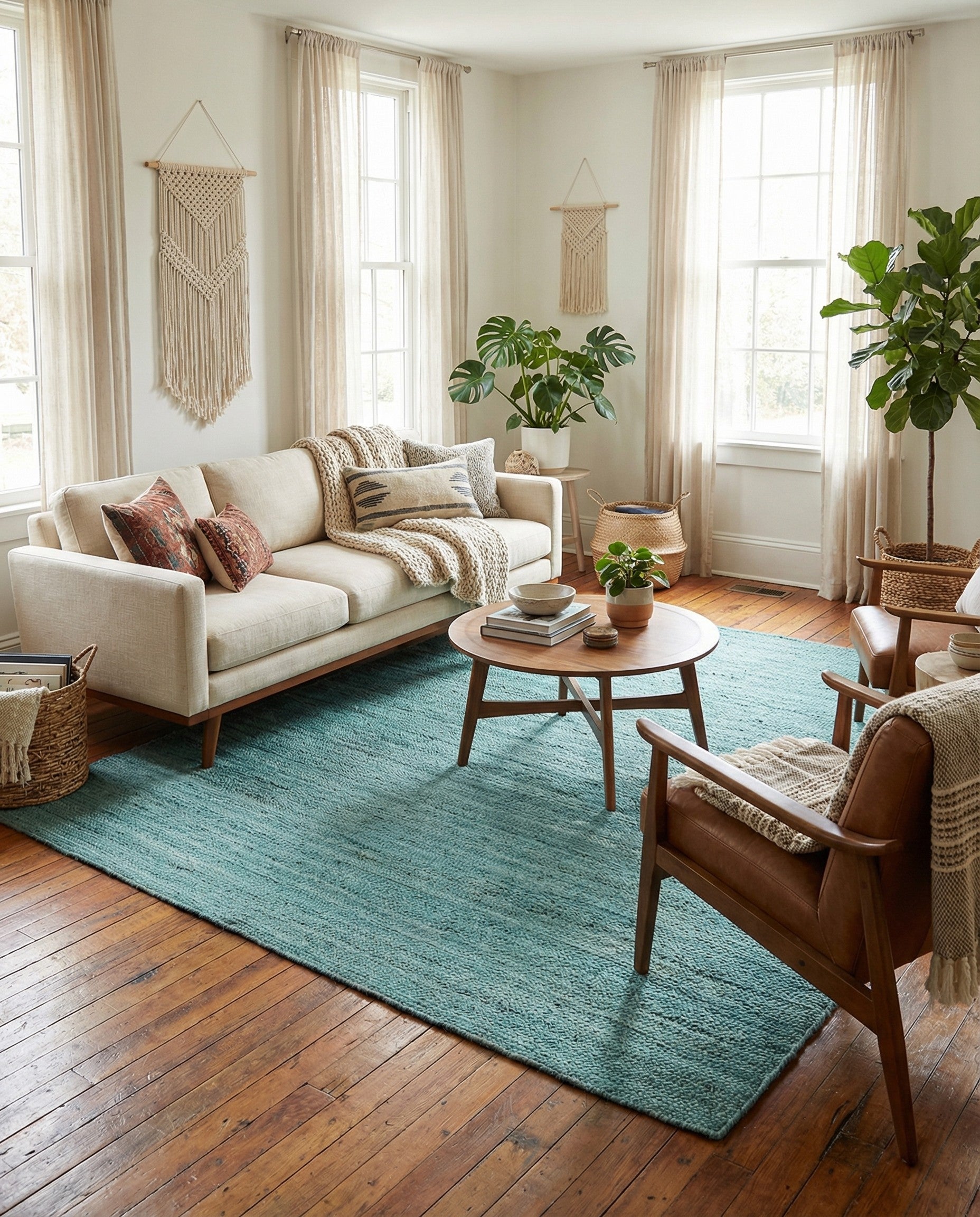 A rectangular 8x10 blue braided jute rug with a textured, flatweave surface, suitable for a living room.