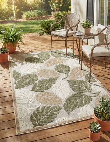 Beige Easy-Clean Botanical Indoor / Outdoor Rug