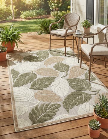 Beige Easy-Clean Botanical Indoor / Outdoor Rug
