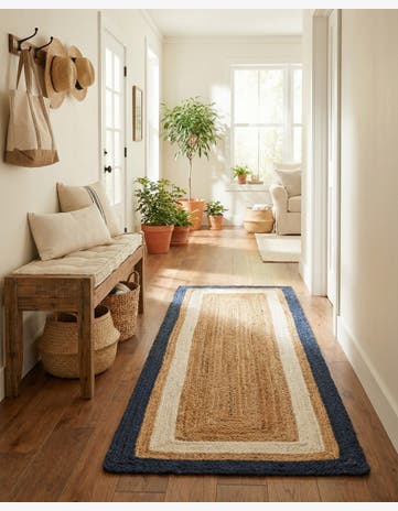 Navy Blue White Natural Handmade Braided Jute Runner Rug