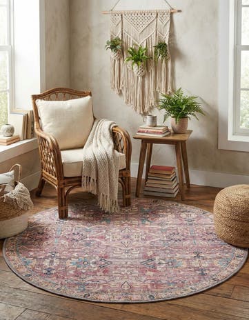 Pink Washable Nostalgia Round Rug