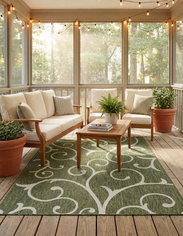 Green Easy-Clean Botanical Indoor / Outdoor Rug
