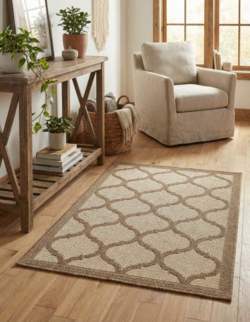 Beige and Brown Easy-Clean Lattice Indoor / Outdoor Rug