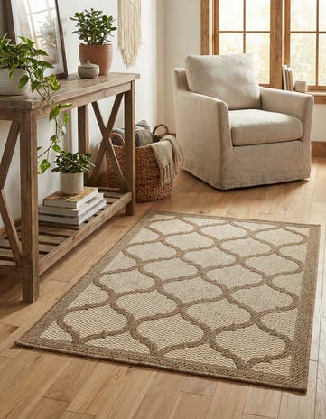 Beige and Brown Easy-Clean Lattice Indoor / Outdoor Rug
