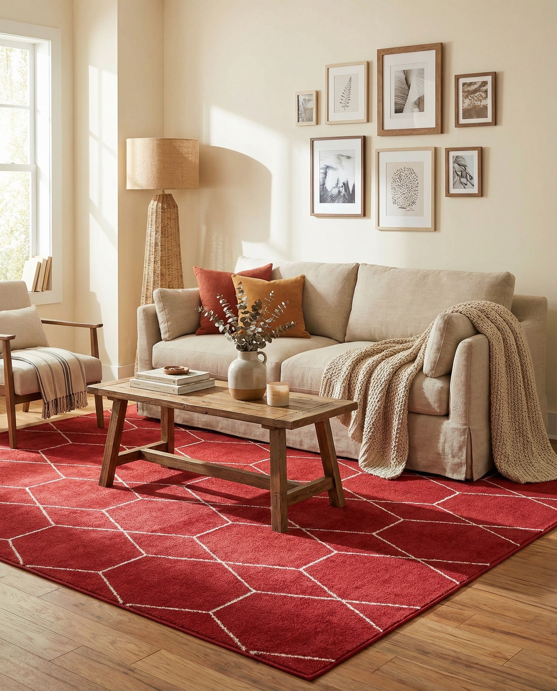 A 6x9 rectangular red area rug featuring a modern white trellis pattern of interlocking hexagons, suitable for a living room.