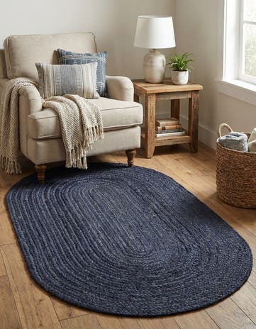Navy Blue Handmade Braided Jute Oval Rug