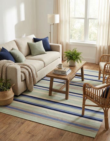Aqua Blue and Gray Hand Woven Flatweave Cotton Dhurrie Rug