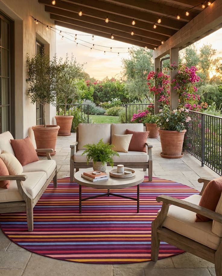 Detail image of 10' x 10' Easy-Clean Striped Indoor / Outdoor Round Rug