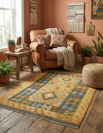 3' 2 x 4' 8 Hand Woven Kilim Maymana Wool Rug