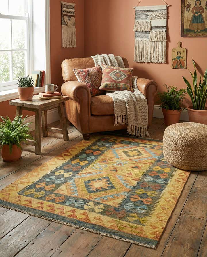 3' 2 x 4' 8 Hand Woven Kilim Maymana Wool Rug