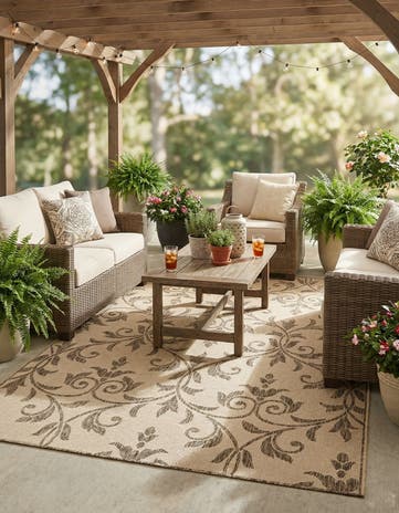 Beige Easy-Clean Botanical Indoor / Outdoor Rug