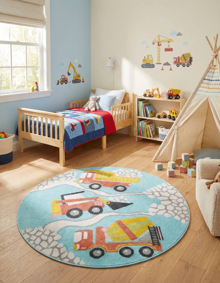 Detail image of 5' 3 x 5' 3 Construction Whimsy Kids Round Rug