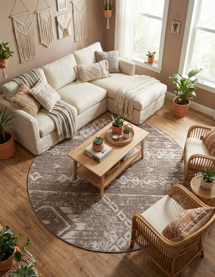 Detail image of 7' 10 x 7' 10 Easy-Clean Bohemian Indoor / Outdoor Round Rug