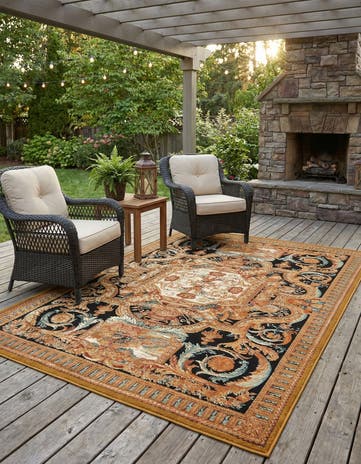 Black Gold Brown Easy-Clean Traditional Indoor / Outdoor Rug