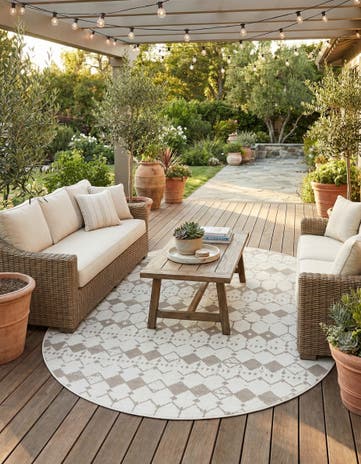 Ivory and Gray Easy-Clean Lattice Indoor / Outdoor Oval Rug