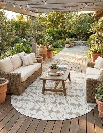 Ivory and Gray Easy-Clean Lattice Indoor / Outdoor Oval Rug