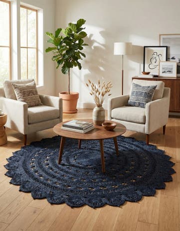 Navy Blue Handmade Braided Jute Round Rug