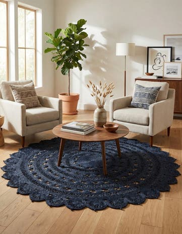 Navy Blue Handmade Braided Jute Round Rug