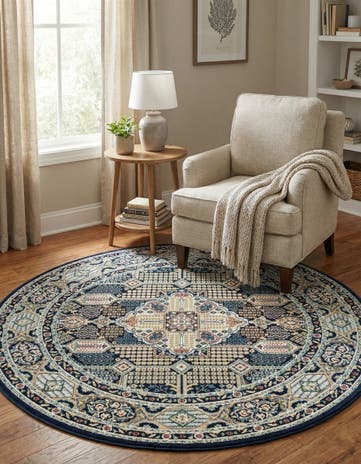 Navy Blue Nain Design Round Rug
