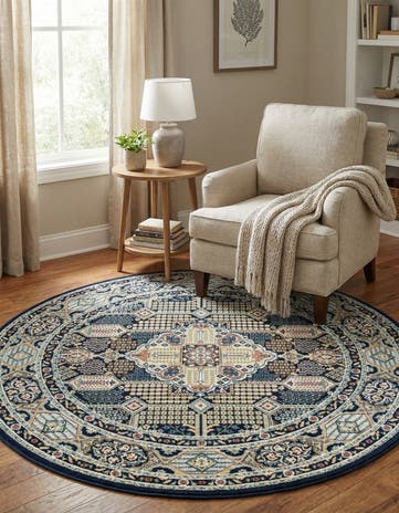 Navy Blue Nain Design Round Rug