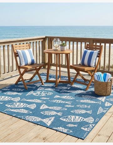 Blue Easy-Clean Coastal Indoor / Outdoor Square Rug