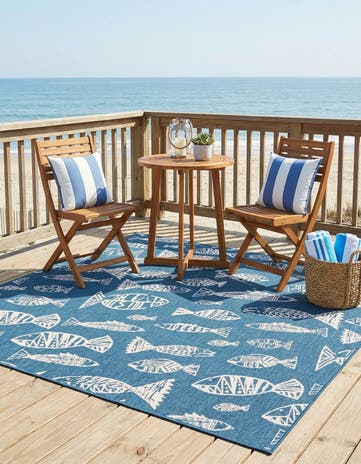 Blue Easy-Clean Coastal Indoor / Outdoor Square Rug