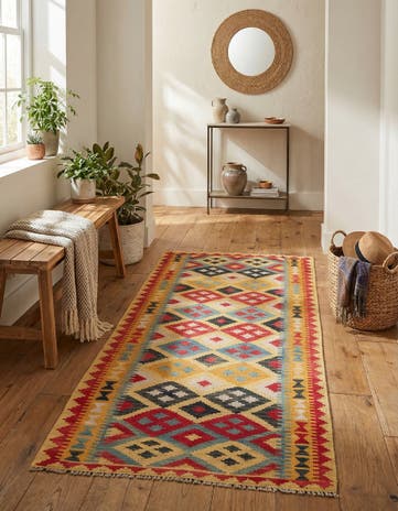 3' 5 x 6' 9 Hand Woven Kilim Maymana Wool Runner Rug