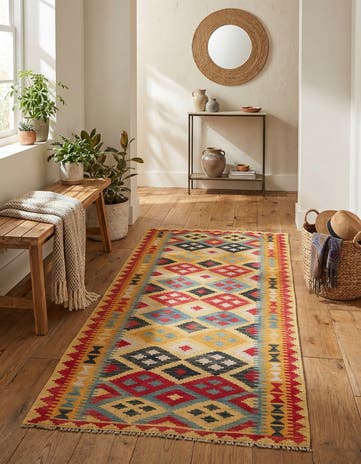 3' 5 x 6' 9 Hand Woven Kilim Maymana Wool Runner Rug