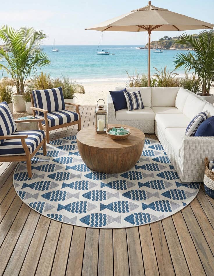 Detail image of  12' x 12'  Washable Coastal Indoor / Outdoor Round Rug