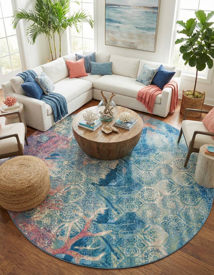 Detail image of  12' x 12'  Washable Coastal Indoor / Outdoor Round Rug