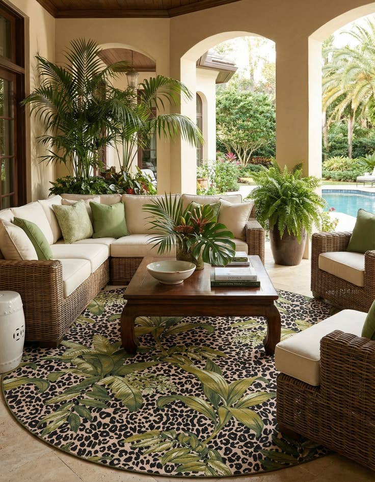 Detail image of 12' x 12' Easy-Clean Botanical Indoor / Outdoor Round Rug