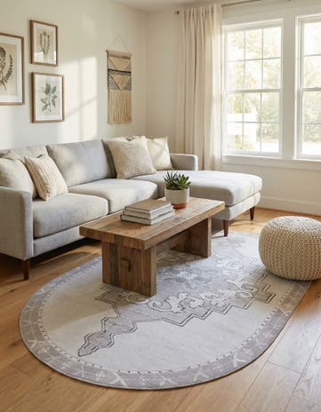 white Gray Washable Timeless Oval Rug