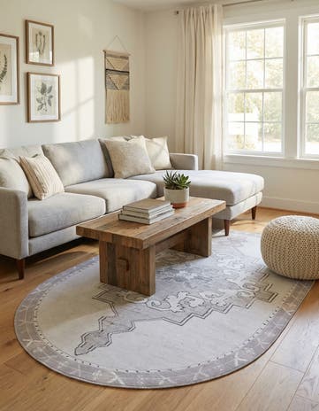 white Gray Washable Timeless Oval Rug