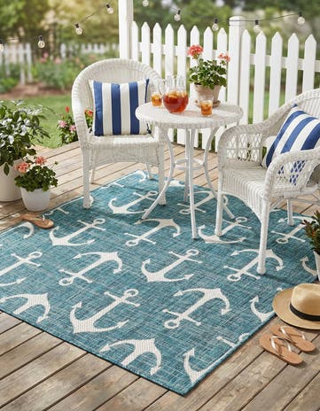 Teal Easy-Clean Coastal Indoor / Outdoor Square Rug