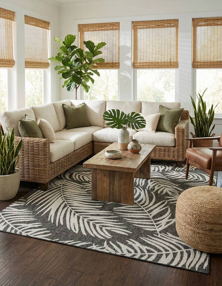 Detail image of 13' x 13'  Washable Botanical Indoor / Outdoor Square Rug