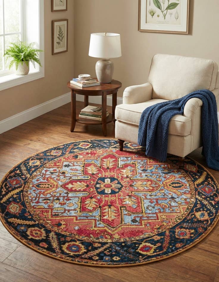 Detail image of  5' x 5'  Washable Traditional Indoor / Outdoor Round Rug