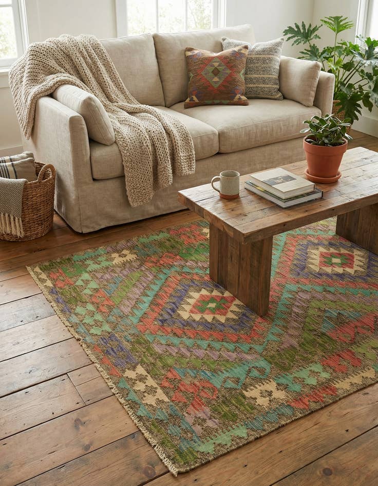 Detail image of 4' x 5' 7  Hand Woven Kilim Maymana Wool Rug