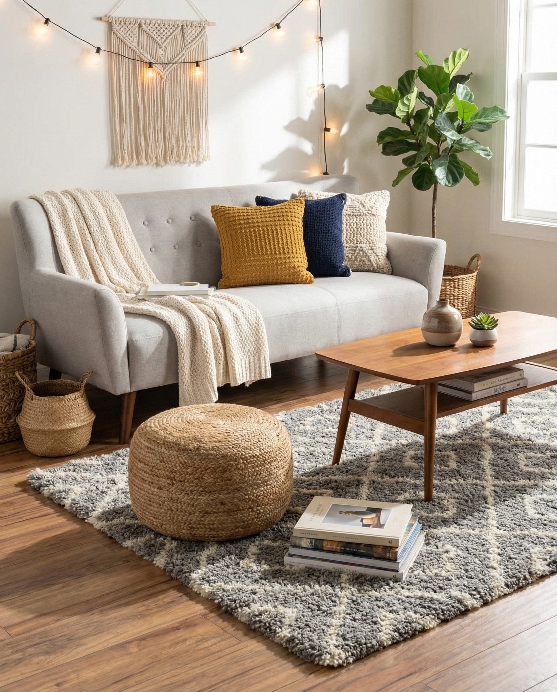 A 5' 3 x 5' 3 square gray modern shag rug with a white lattice pattern and textured pile.