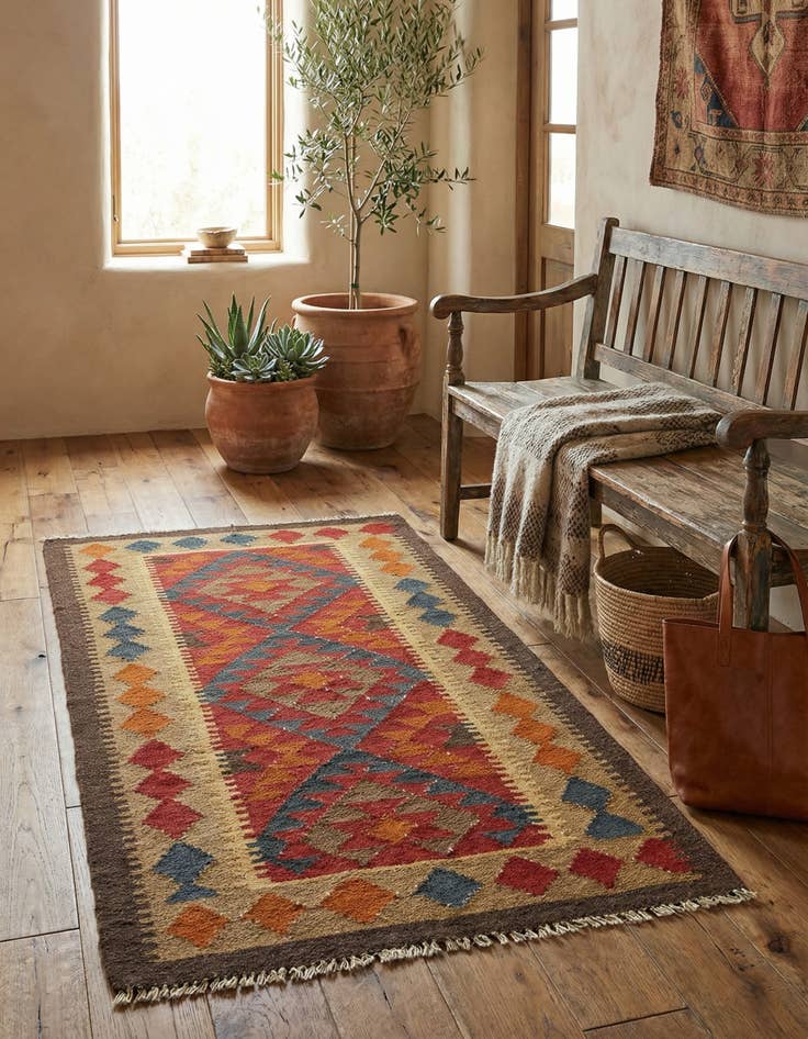 Detail image of 3' 2 x 6'  Hand Woven Kilim Maymana Wool Rug