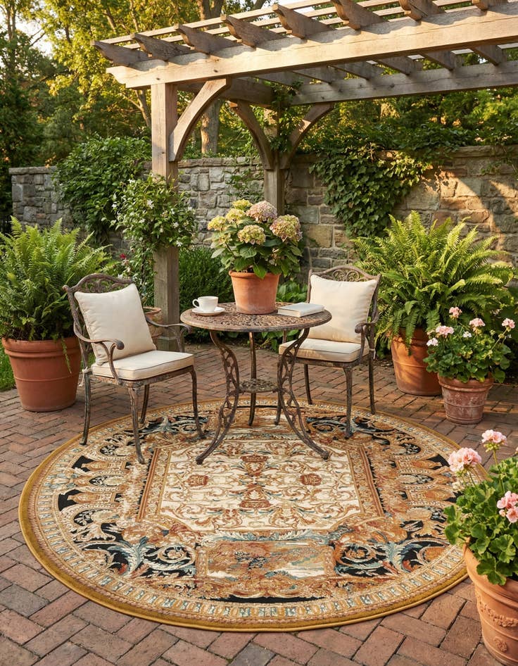 Detail image of 7' 10 x 7' 10  Washable Traditional Indoor / Outdoor Round Rug