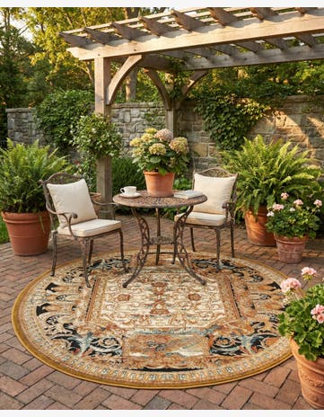 Black Gold Brown Easy-Clean Traditional Indoor / Outdoor Round Rug