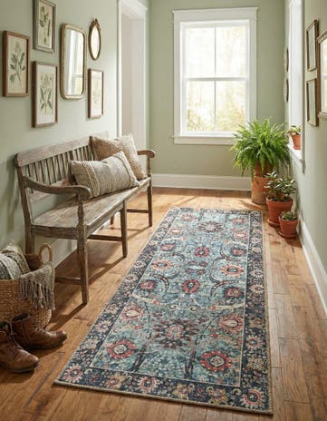 Vintage Green Washable Timeless Runner Rug