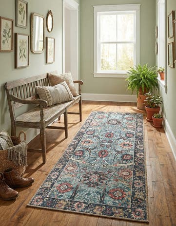 Vintage Green Washable Timeless Runner Rug