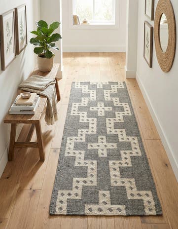 Gray and White Hand Woven Kilim Wool Runner Rug