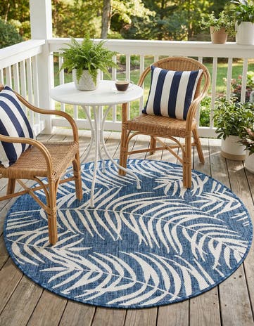 Blue Easy-Clean Botanical Indoor / Outdoor Round Rug