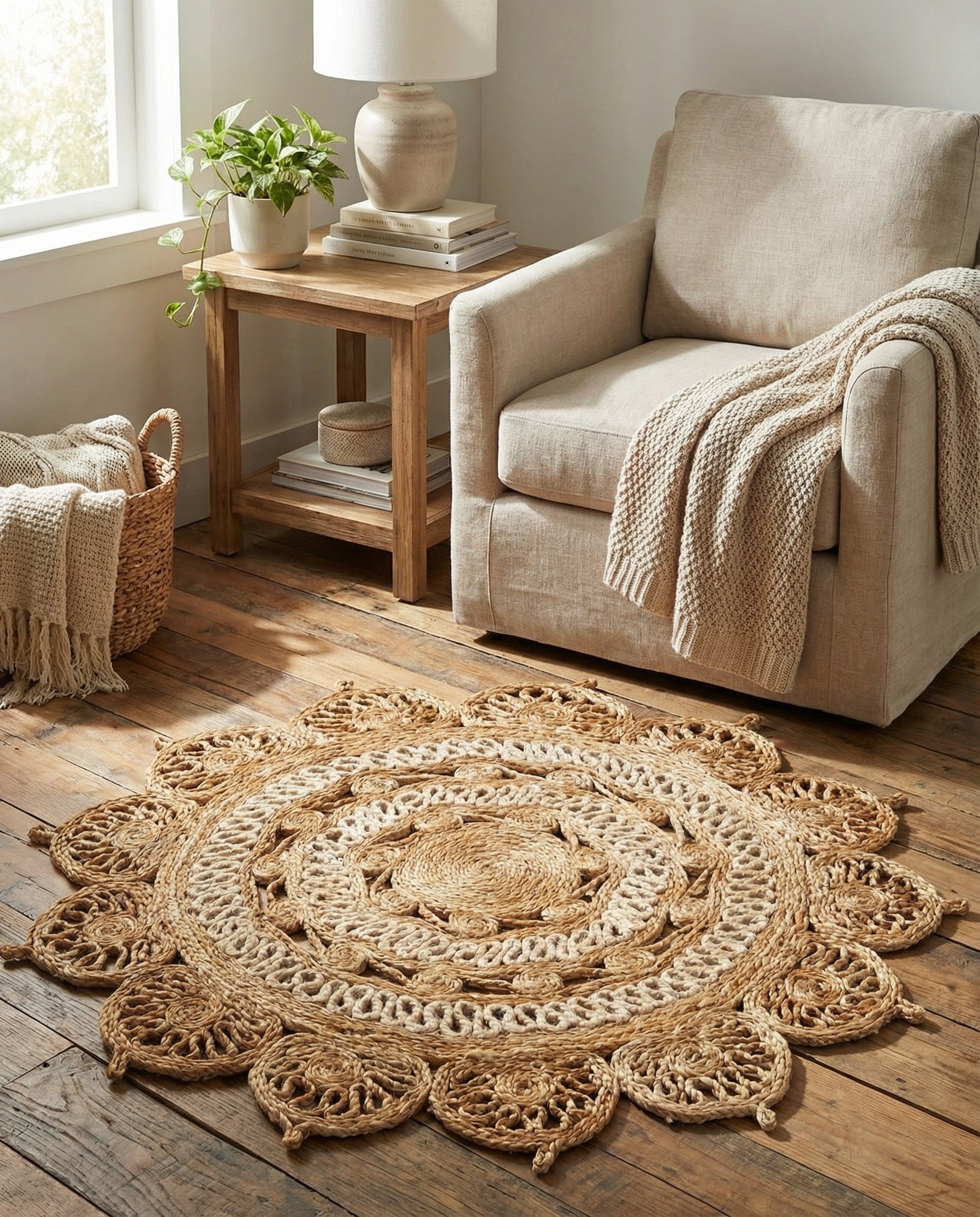  3' 1 x 3' 1  Hand Braided Jute Round Rug